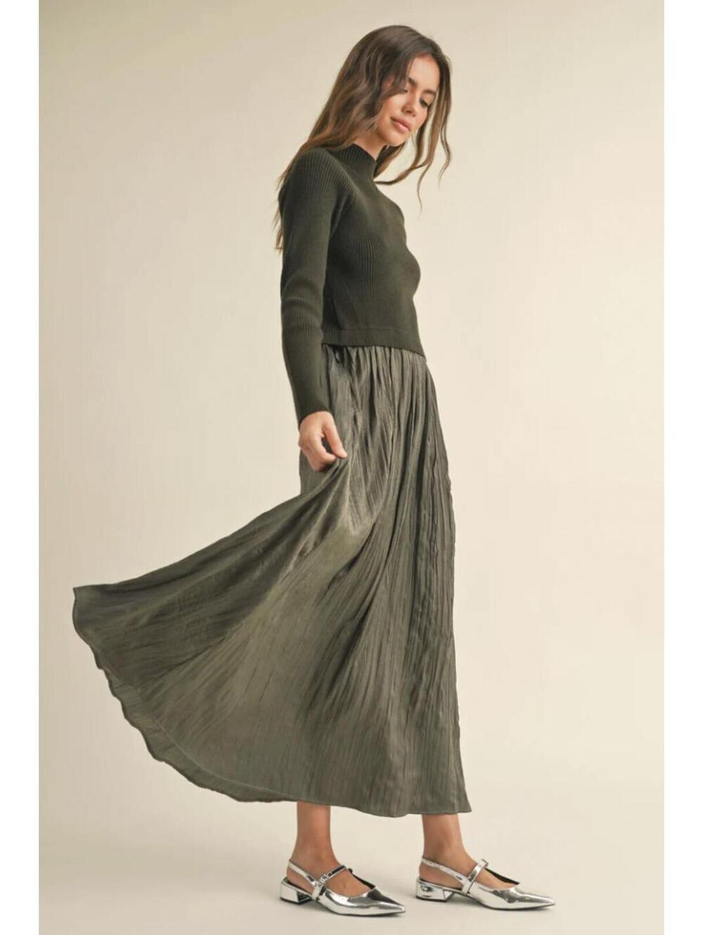 Miou Muse Green Sweater Combo Woven Maxi Dress, Medium - Picture 2 of 9